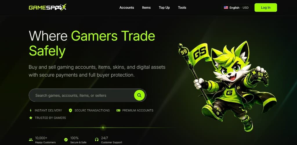 GameSpax marketplace homepage with hero, search, and product branding