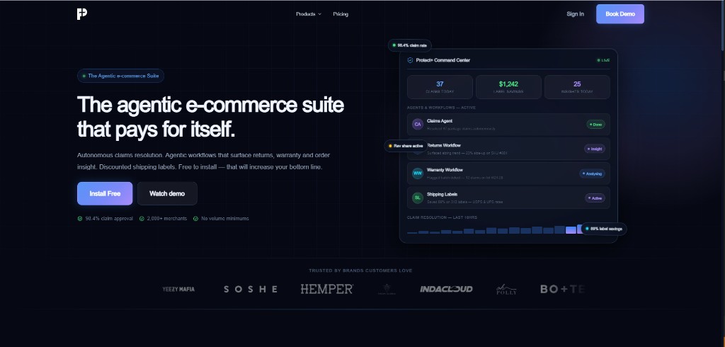 GetPlus Protect+ marketing hero showing the agentic e-commerce suite and command center preview